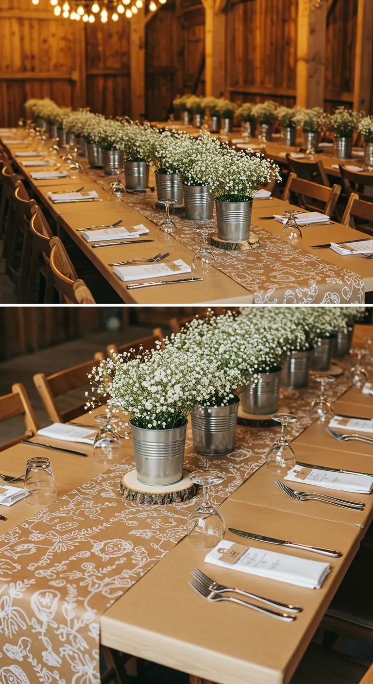 A long dining table with a kraft paper runner and baby's breath in tin cans.
