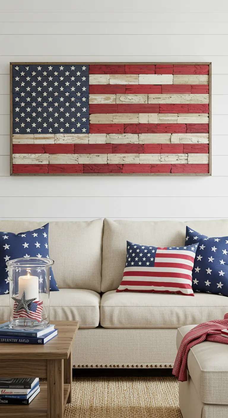 A living room with a large American flag made of rustic wood hanging over a beige sofa.