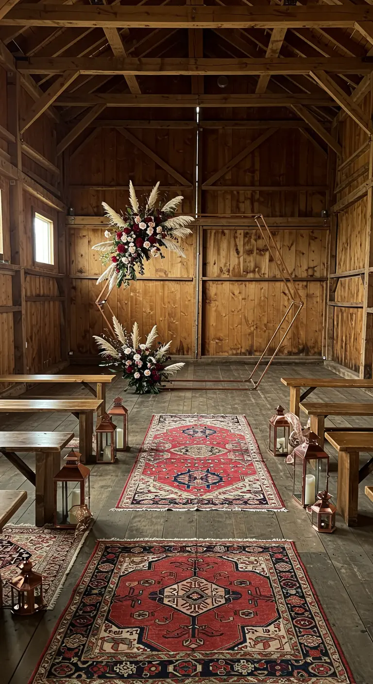 Hexagonal copper wedding arch with florals inside a rustic wood barn.