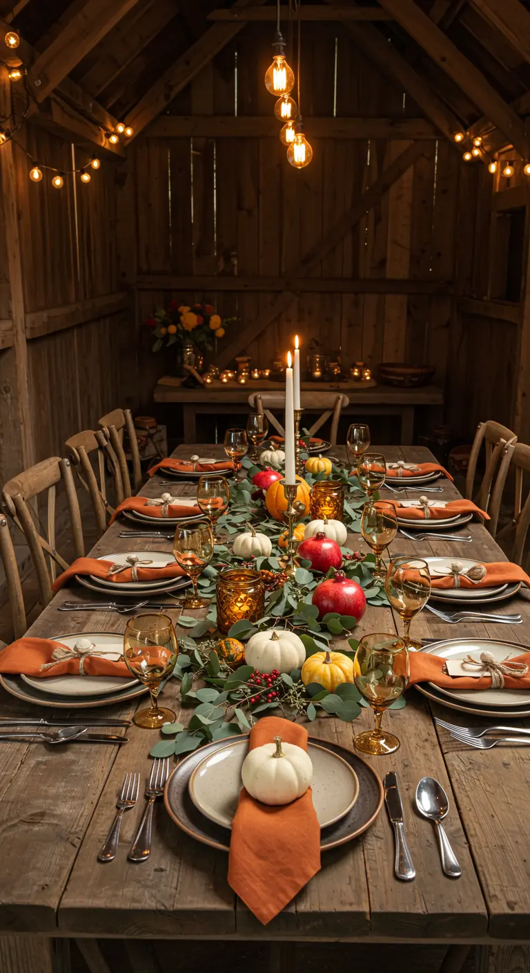 A long rustic wooden table set for a fall harvest dinner in a barn.