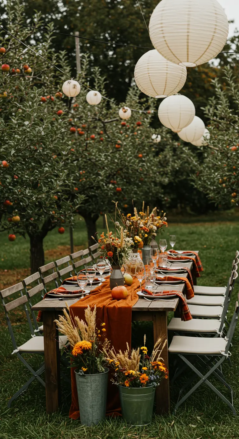 Harvest-themed table in an apple orchard with an orange runner and white lanterns.