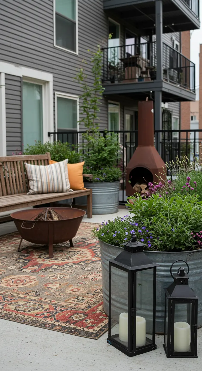 A patio with a wooden bench, galvanized steel planters, a fire pit, and a Persian rug.