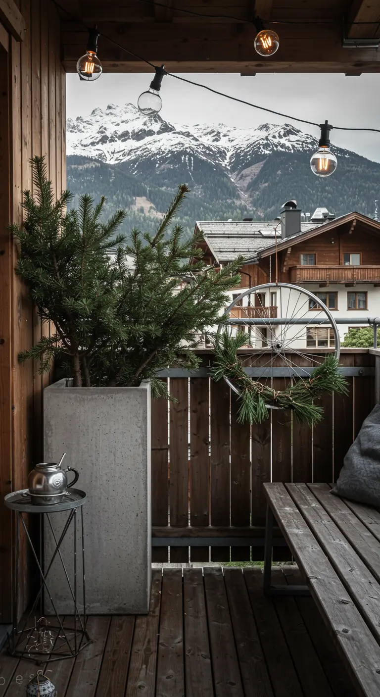 A balcony with a large concrete planter and a wreath made from a bicycle wheel and pine.