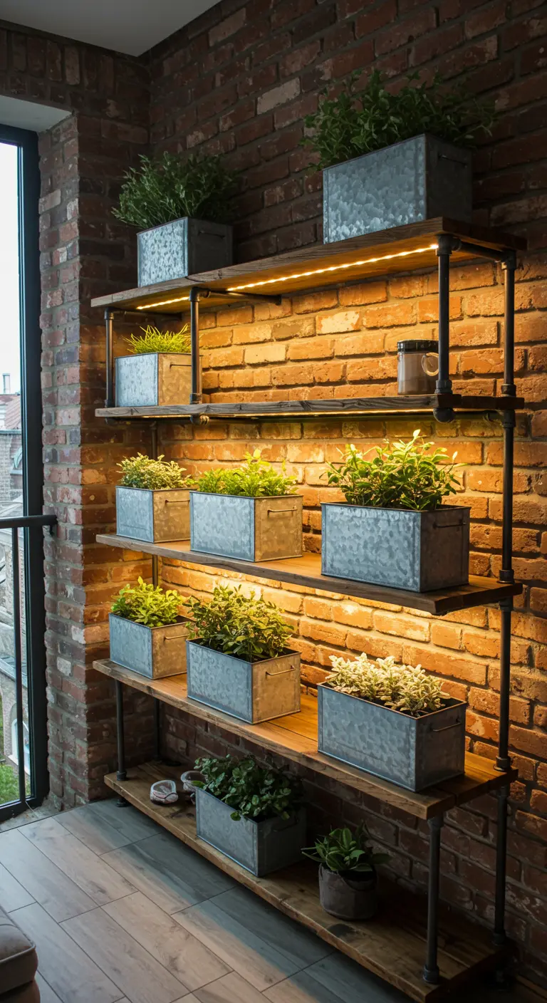 Industrial pipe shelving against a brick wall, with galvanized planters lit by under-shelf LEDs.