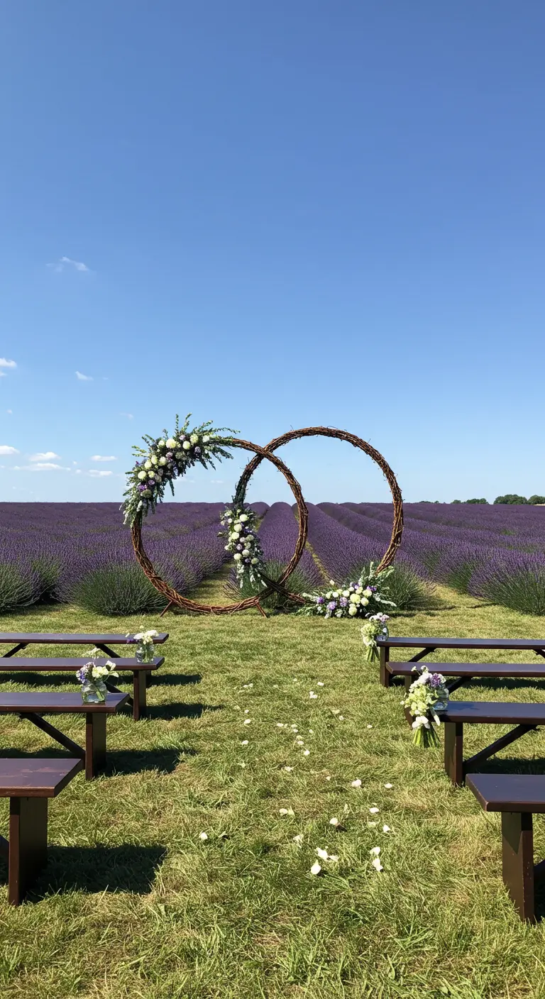 Two intertwined grapevine wedding hoops in a vast lavender field.
