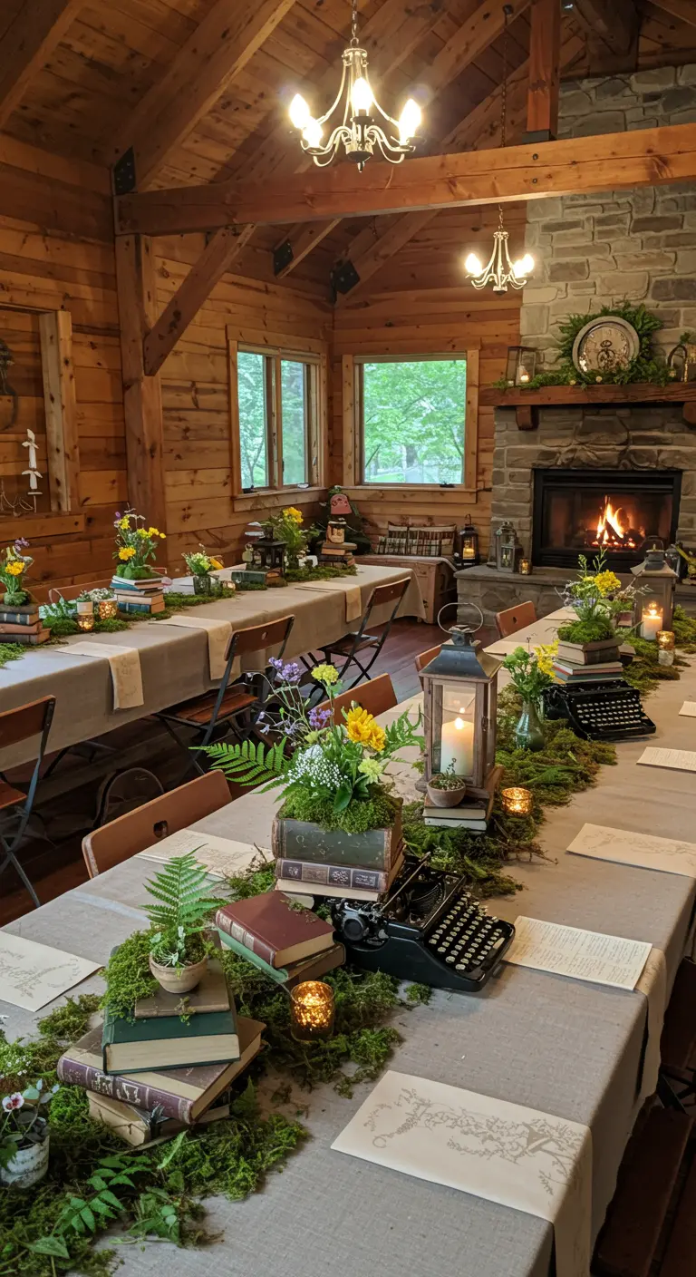 Rustic lodge setting with long tables, moss runners, typewriters, and bookstack centerpieces.