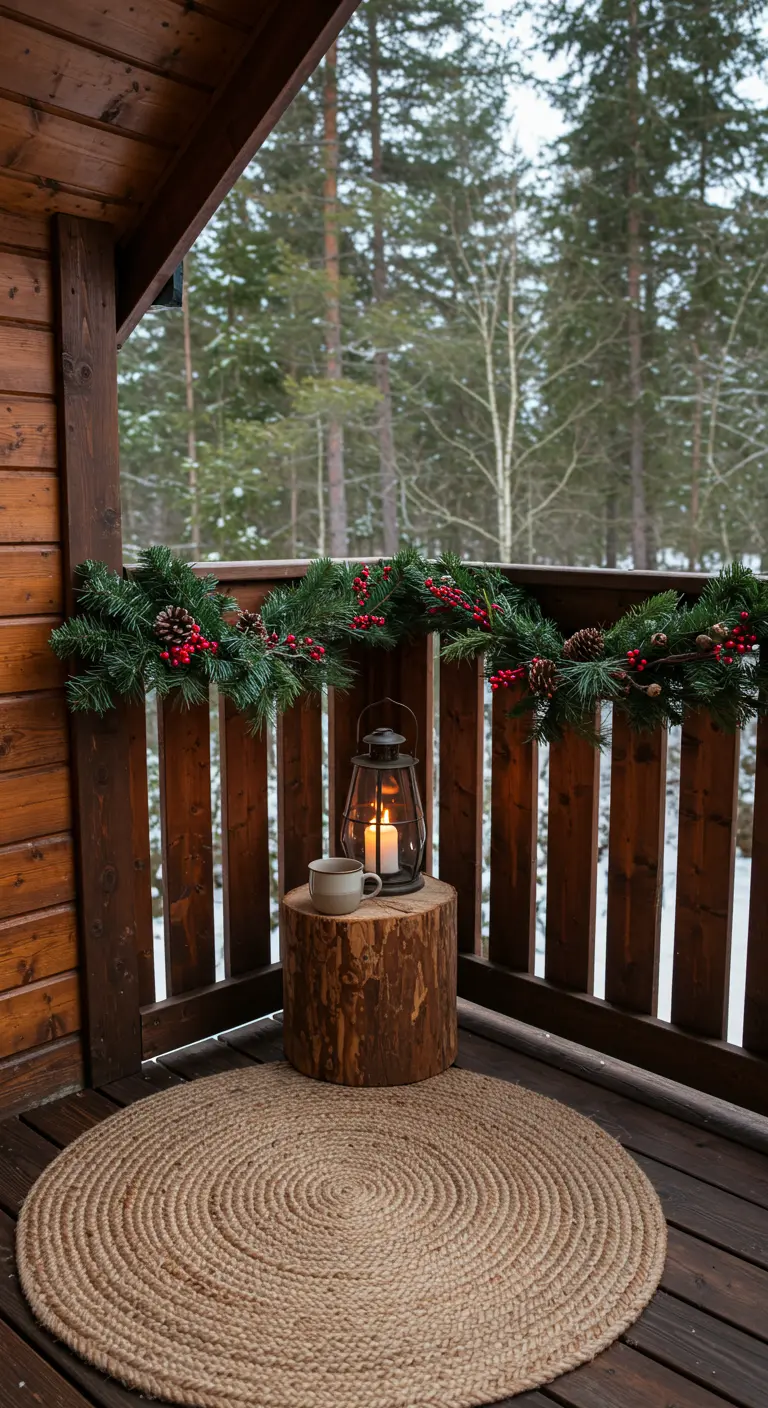 A rustic wooden balcony with a log stool, jute rug, lantern, and pine garland with red berries.