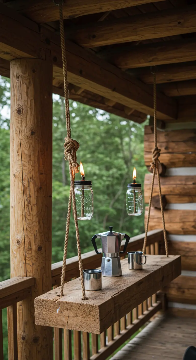 A thick wood slab hanging from ropes serves as a coffee bar with two Mason jar oil lamps.