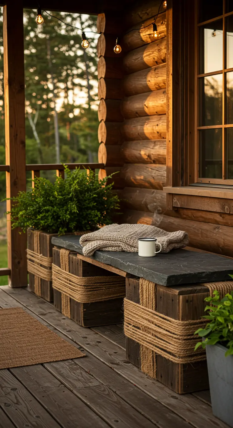 A rustic wooden planter bench with jute rope accents and a slate seat on a log cabin porch.