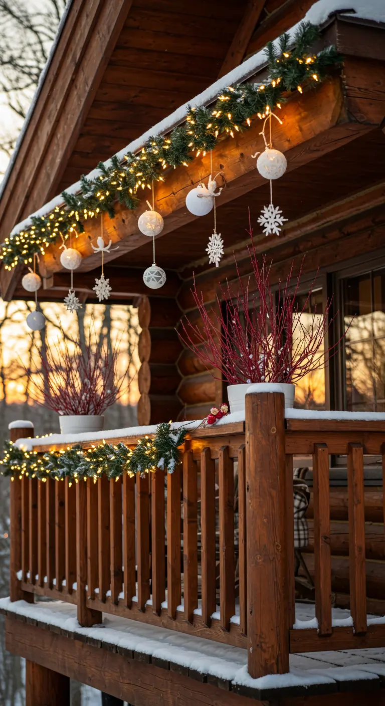 Log cabin balcony with evergreen garlands and pots of red dogwood branches.