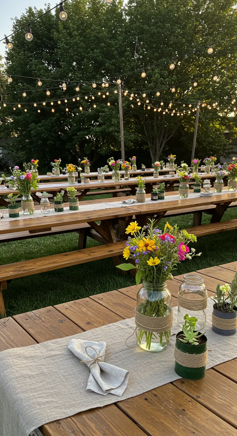 Long wooden tables outdoors set with multiple glass jars filled with wildflowers, under string lights.