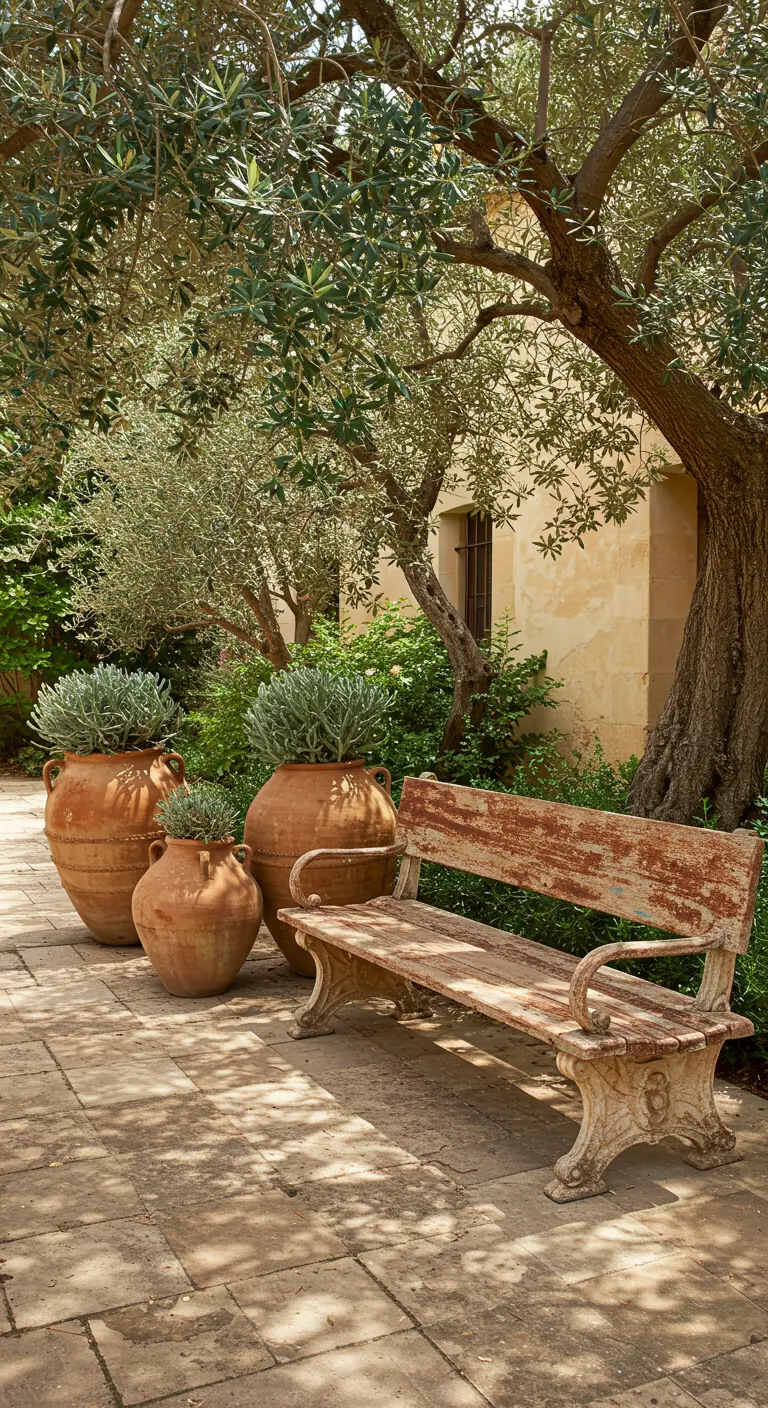 A weathered concrete bench sits next to large terracotta urns under an olive tree.