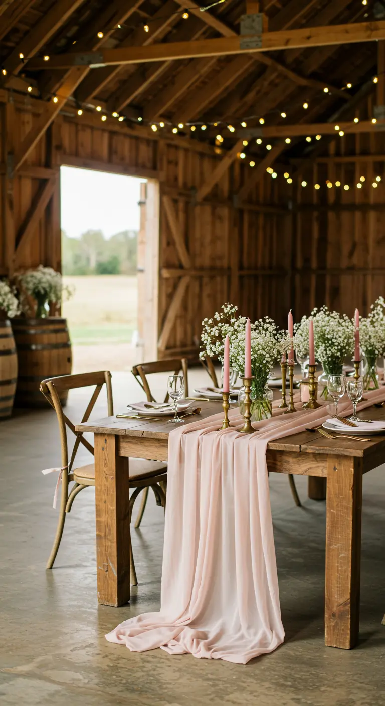 A rustic wooden table in a barn with a blush chiffon runner, pink candles, and baby's breath.