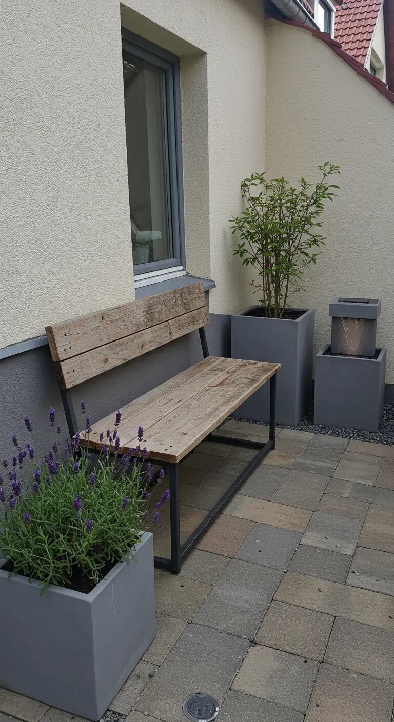 A rustic bench made of reclaimed wood on a stone patio, with modern grey planters holding lavender and a small shrub.