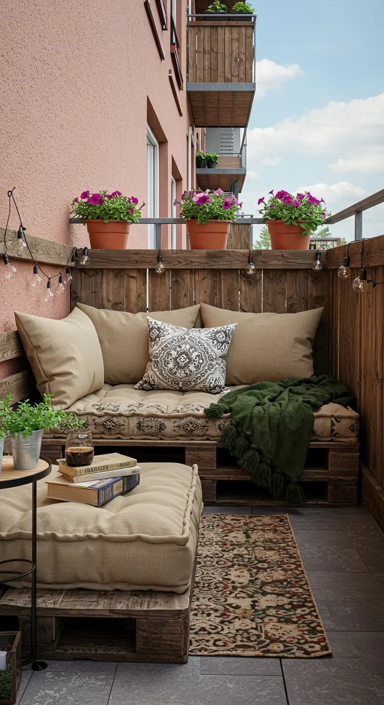 A balcony with a DIY pallet sofa and ottoman, neutral cushions, and a dark green throw.