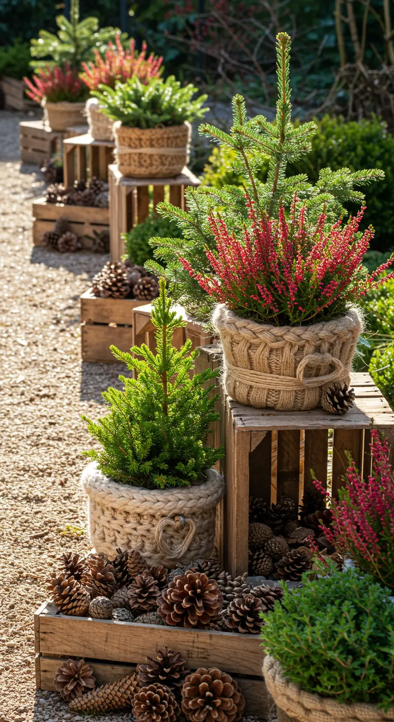 Garden path lined with wooden crates, woven-wrapped plants, and scattered pinecones.