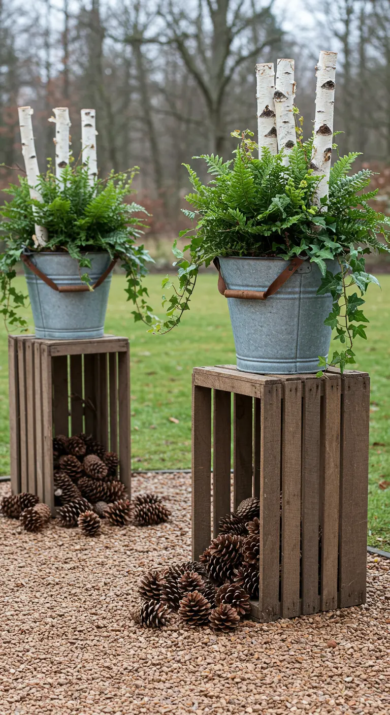 Two tall wooden crates act as stands for galvanized buckets filled with ferns, ivy, and birch logs.