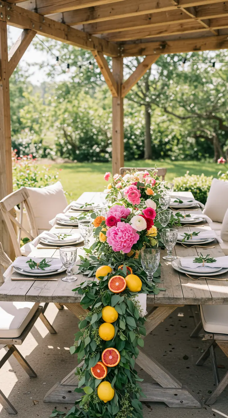 A rustic wood table under a pergola with a lush floral and citrus garland centerpiece.