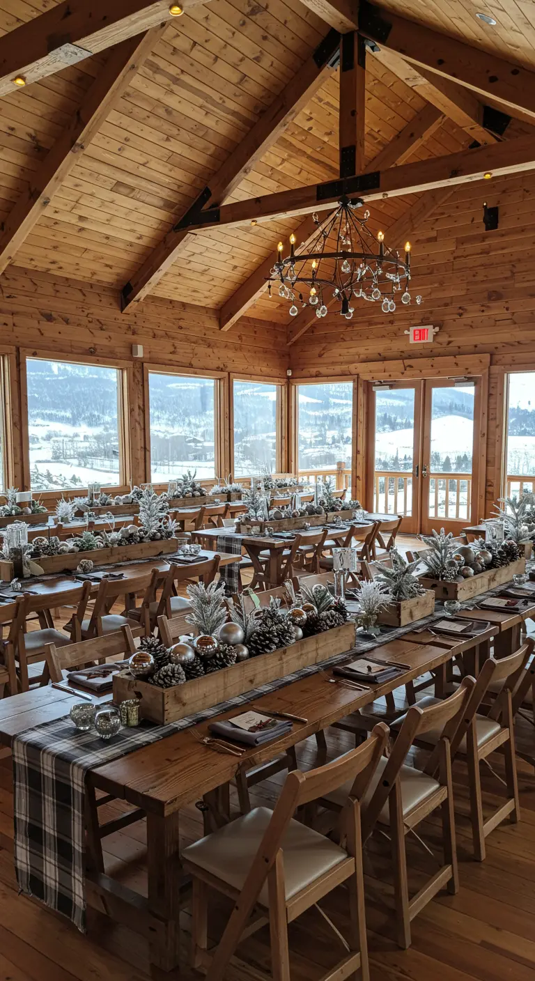Long wooden tables in a rustic hall with plaid runners and centerpieces of pinecones and silver ornaments.