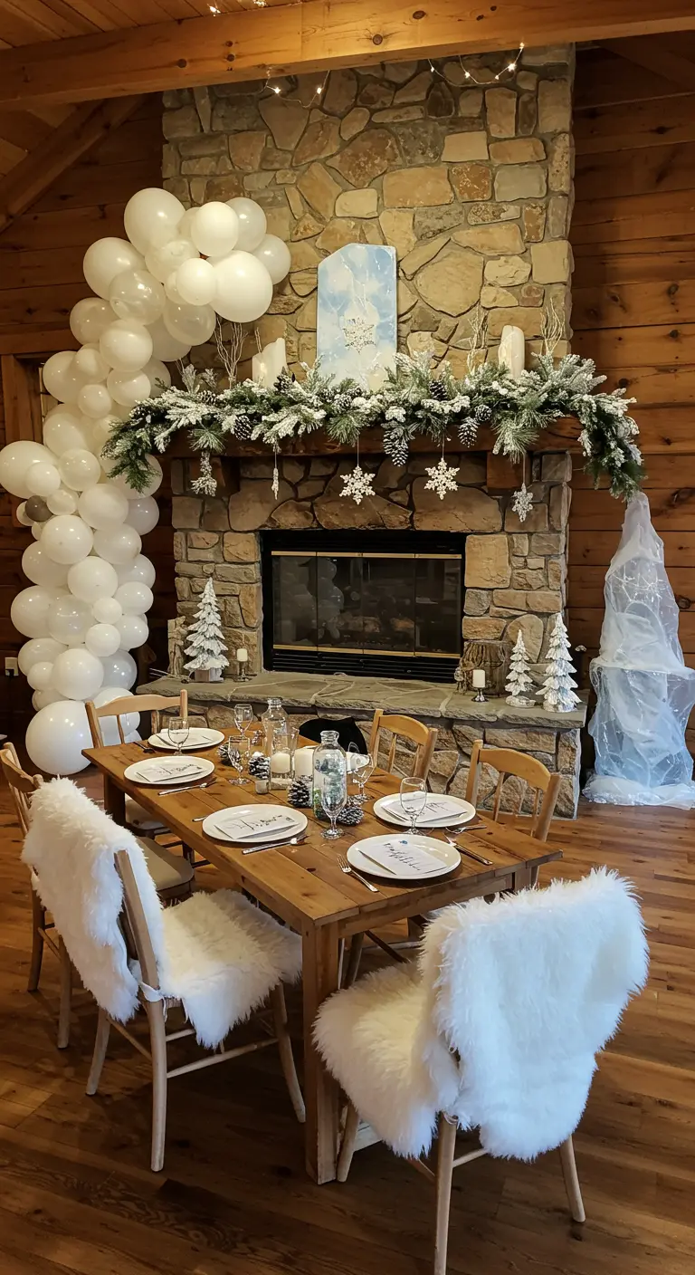 Rustic dining setup with a stone fireplace, balloon garland, and faux fur on chairs.