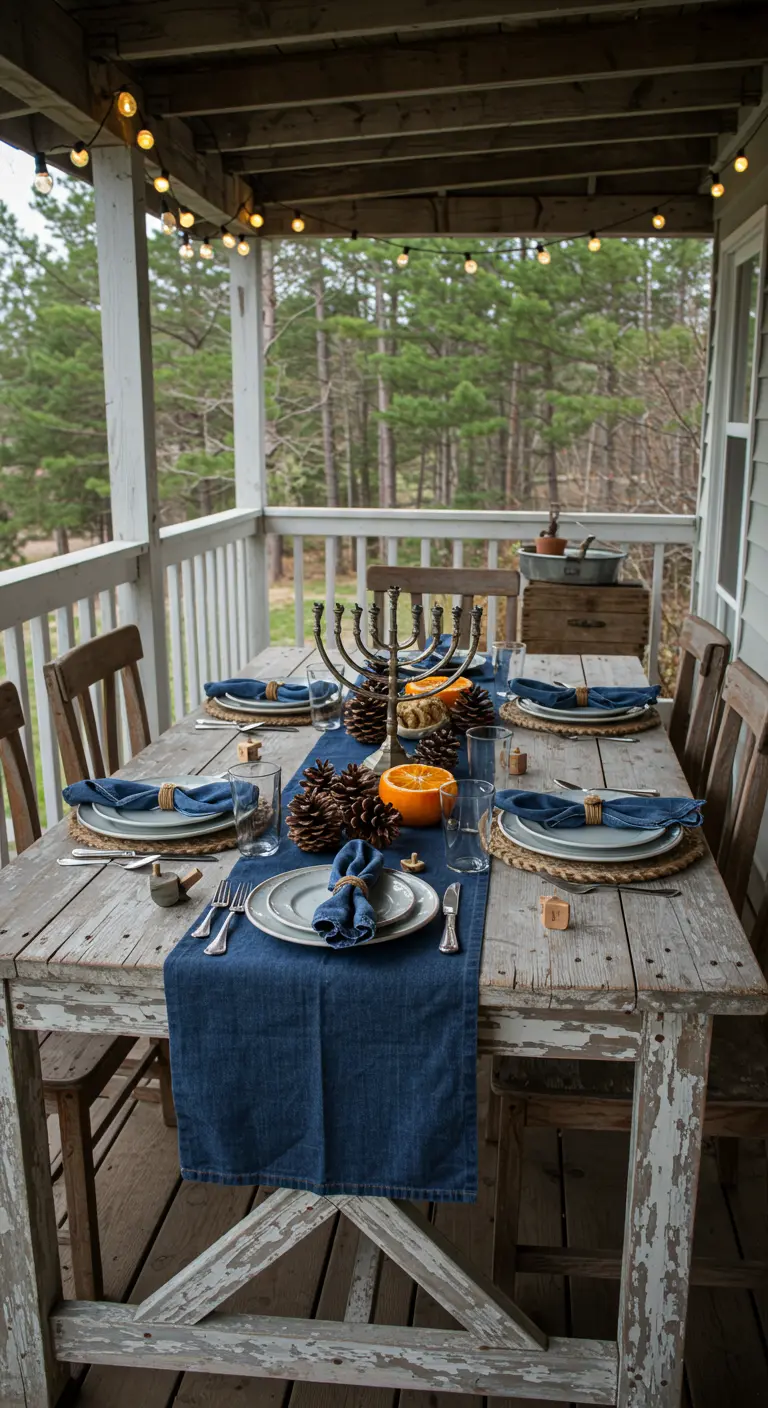 A rustic outdoor Hanukkah table decorated with pinecones, a blue runner, and string lights.