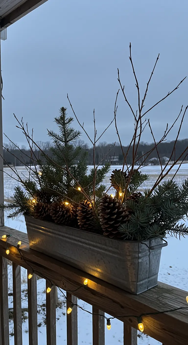 A galvanized metal planter on a snowy deck railing with a small pine and lights.