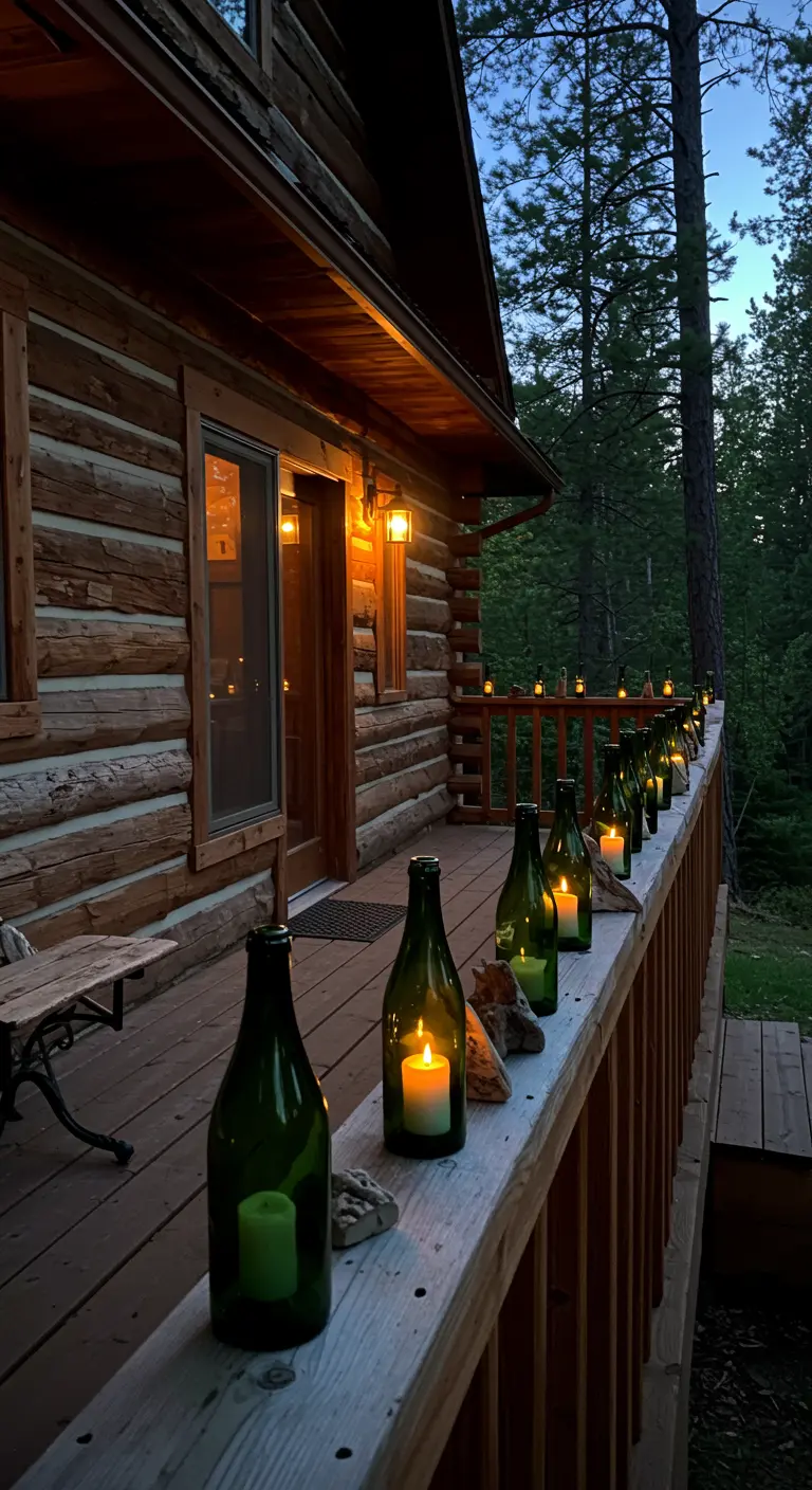 Green wine bottle candles and driftwood pieces lining a rustic log cabin porch railing.