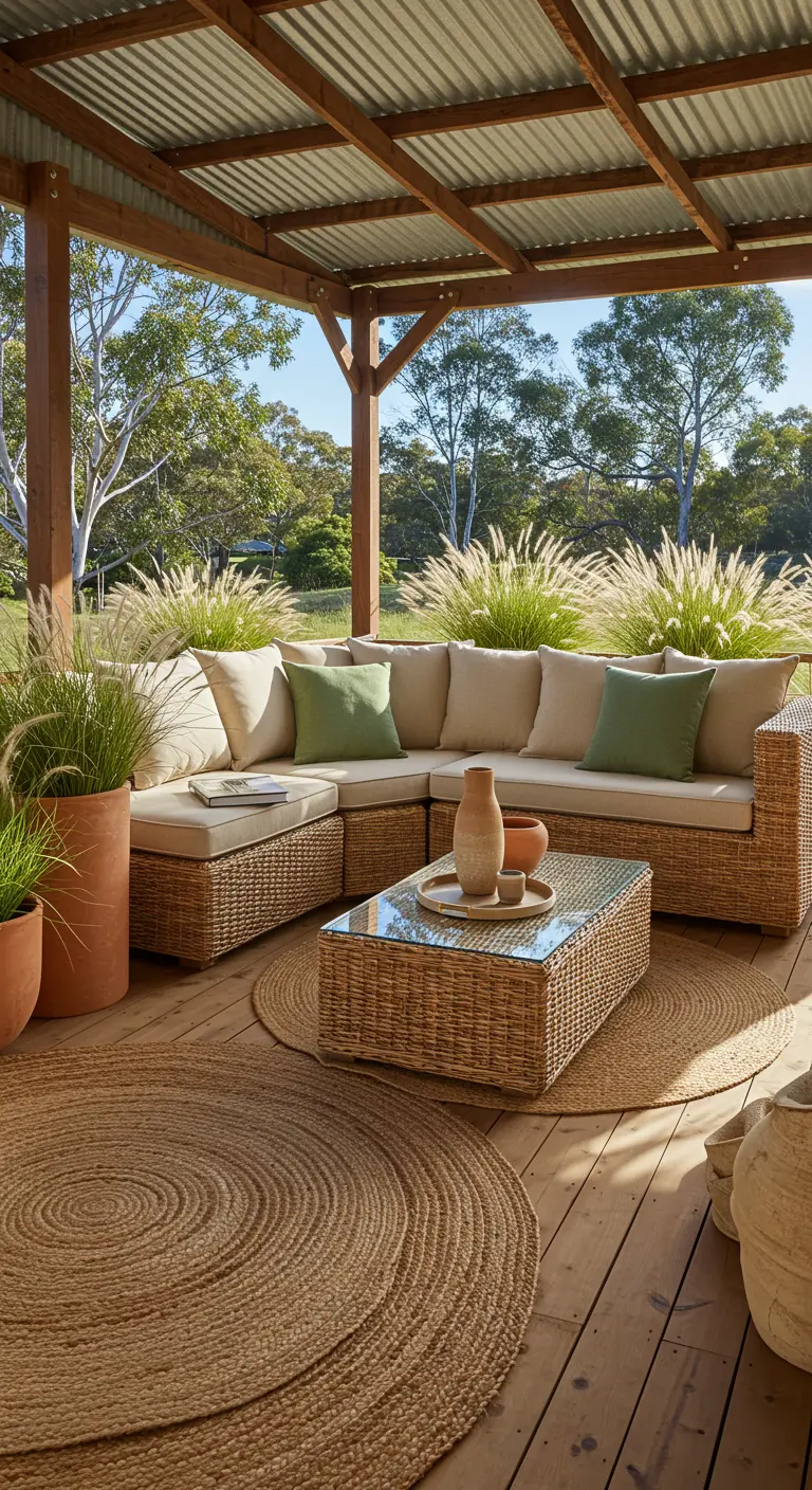 A wicker sectional with beige and green pillows on a rustic porch with layered jute rugs.