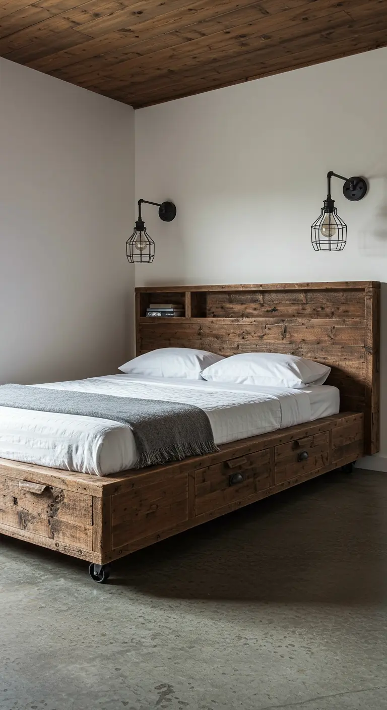 Rustic bedroom with a reclaimed wood bed, built-in headboard, and cage wall sconces.
