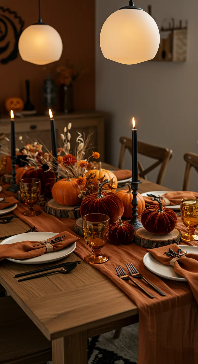 A rustic table with orange velvet pumpkins on wood slices and an orange table runner.