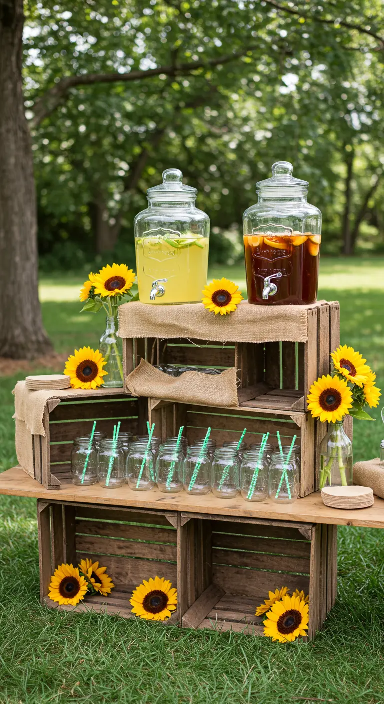 A drink station made from stacked wooden crates, holding dispensers and mason jar glasses.