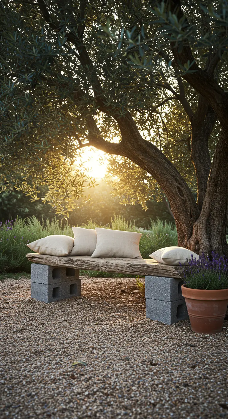 A rustic driftwood and cinder block bench under an olive tree in a gravel garden.