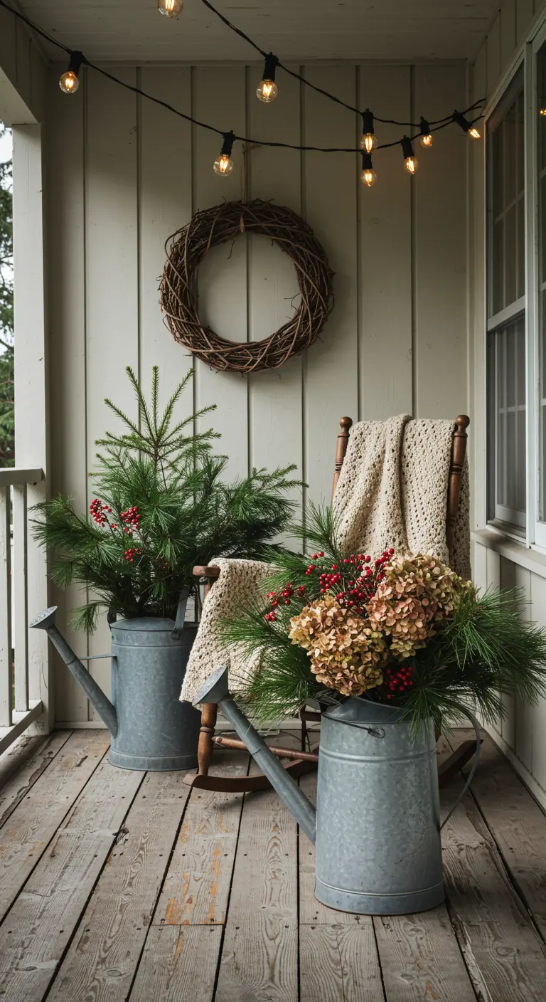 A rustic porch with two large watering cans filled with evergreens, berries, and dried hydrangeas.