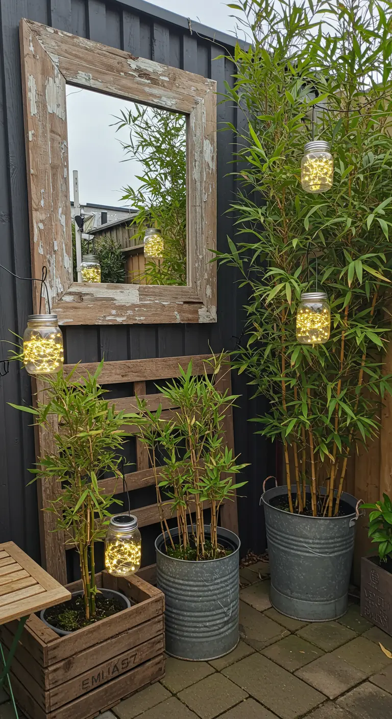 A rustic garden corner with a reclaimed wood mirror and glowing mason jar lights hanging from bamboo.