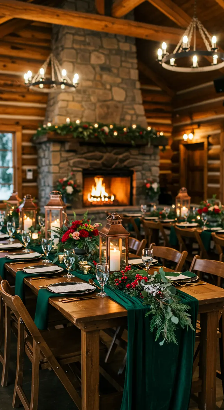 Cozy log cabin setting with long wooden tables, green velvet runners, lanterns, and holiday floral arrangements.