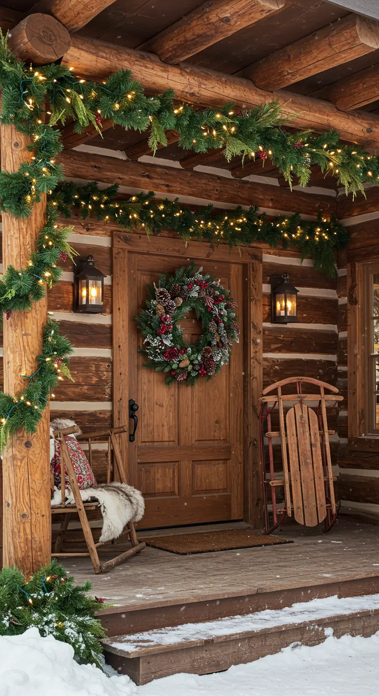 Cozy log cabin porch decorated with pine garlands, a wreath, and a vintage sled.