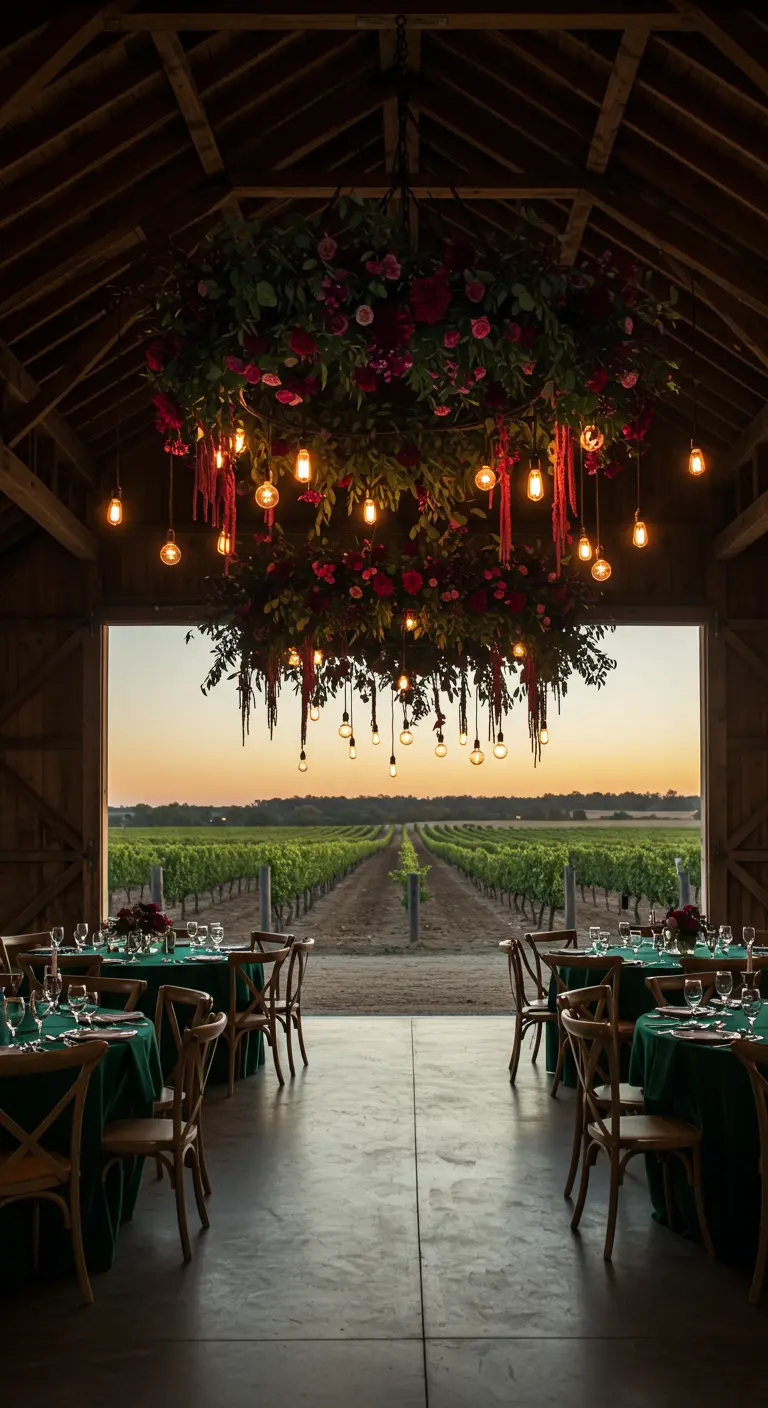 A massive floral chandelier with red flowers and Edison bulbs hanging in a rustic barn.
