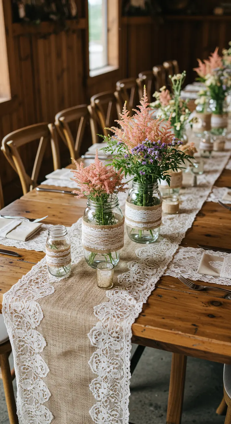 A rustic table with a burlap-and-lace runner and Mason jars wrapped in lace with pink flowers.