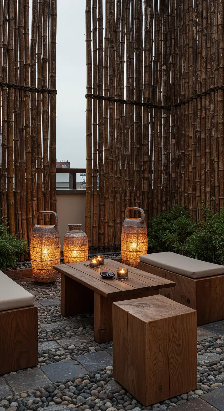 Rooftop terrace with dark wood block seats and large, glowing woven floor lanterns.