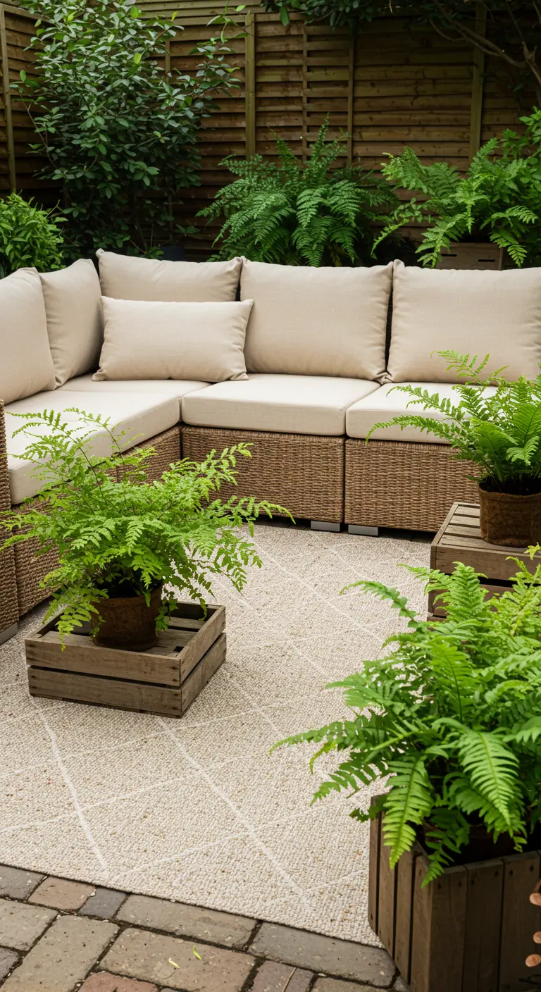 A beige rattan sectional on a patio with ferns potted in rustic wooden crates.