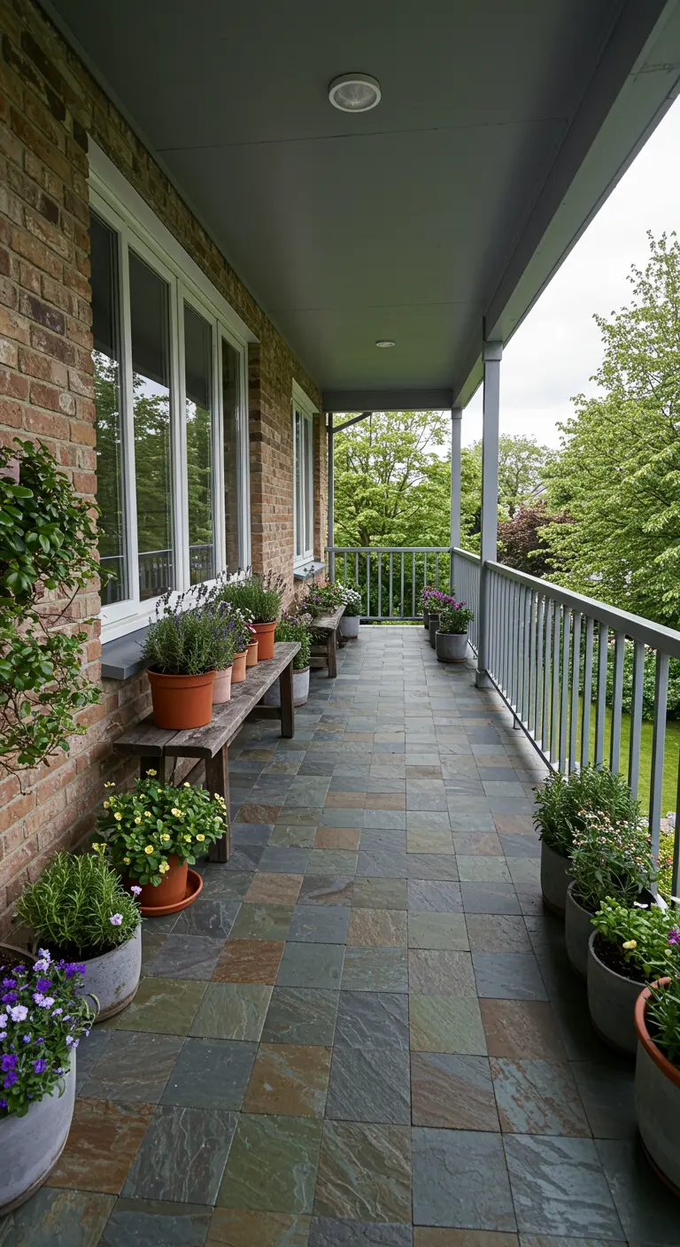 A long balcony with multi-colored slate tiles, a wooden bench, and various potted plants.