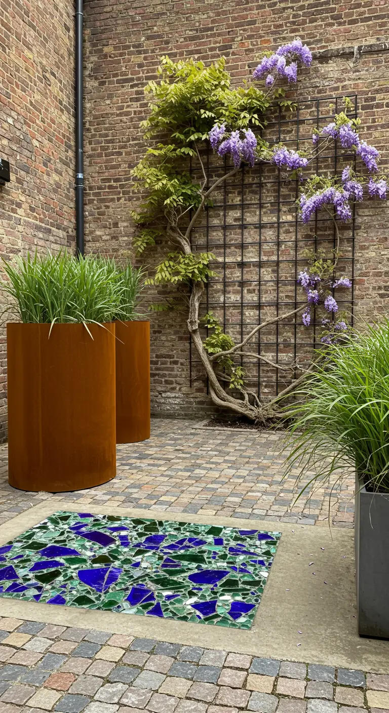 Brick courtyard with Corten steel planters and a blue and green glass mosaic inlay.
