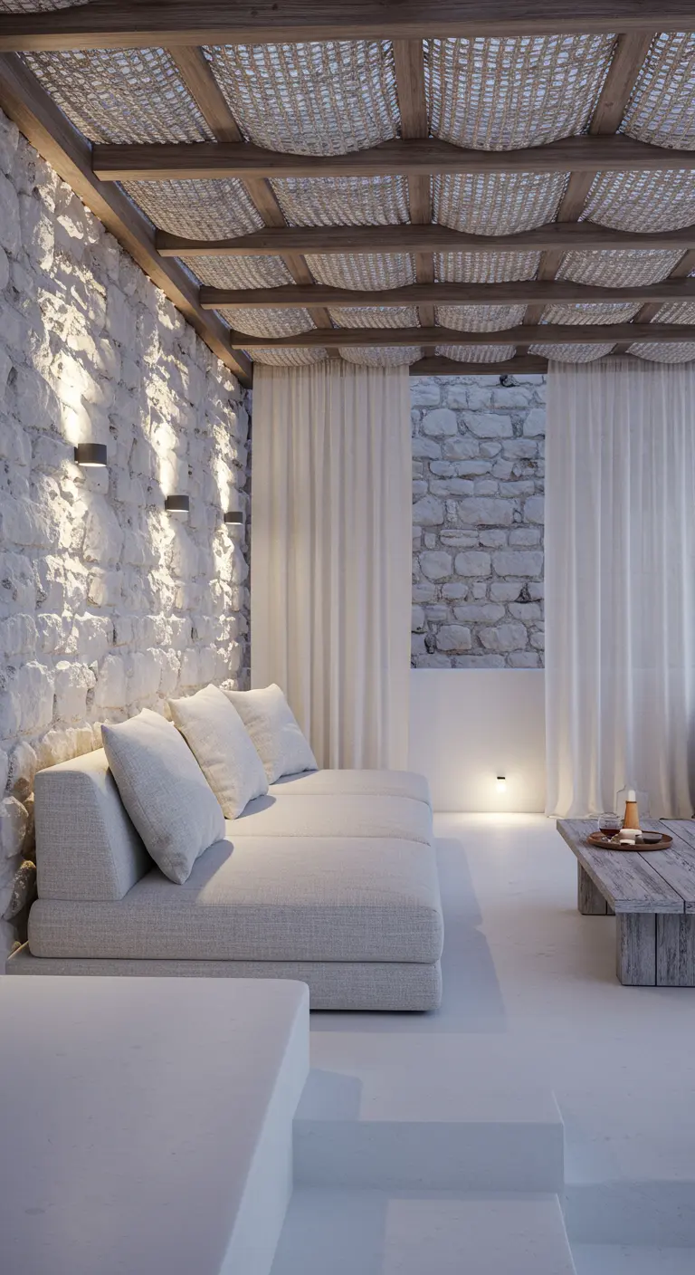A terrace with a rough white stone wall, deep white sofas, and a woven pergola roof.