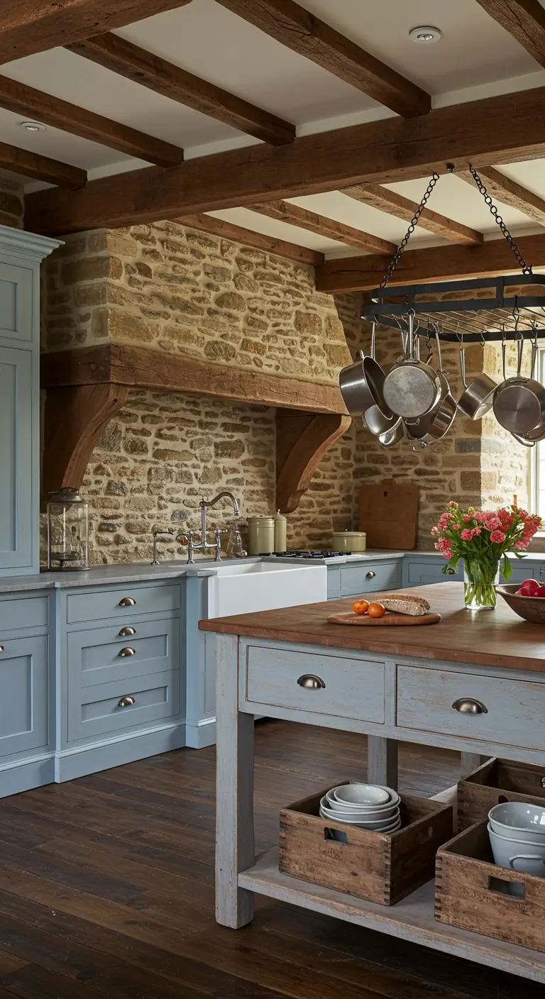 A Country French kitchen with blue cabinets, a rustic stone wall with a built-in range hood, and wood beams.