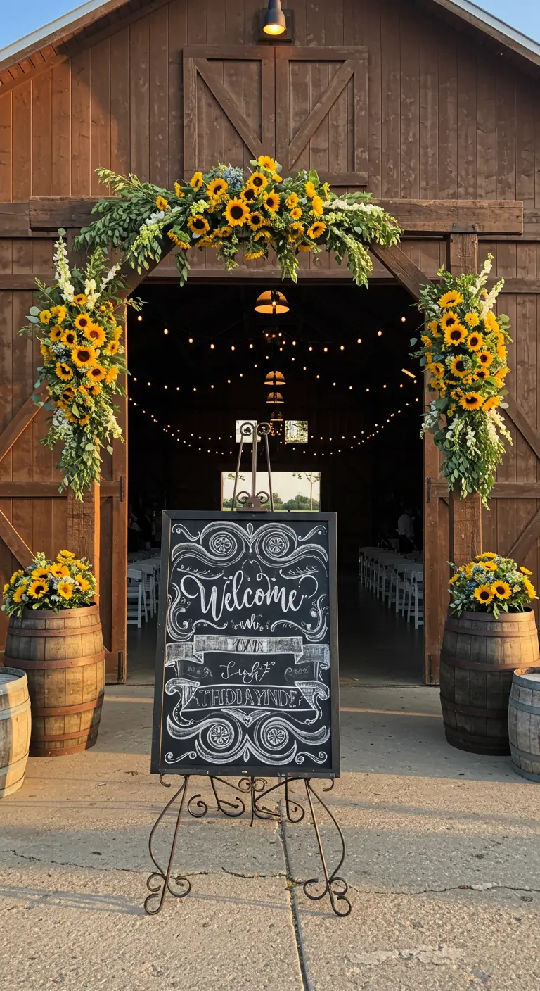 A barn wedding entrance decorated with a sunflower arch and a large chalkboard welcome sign.
