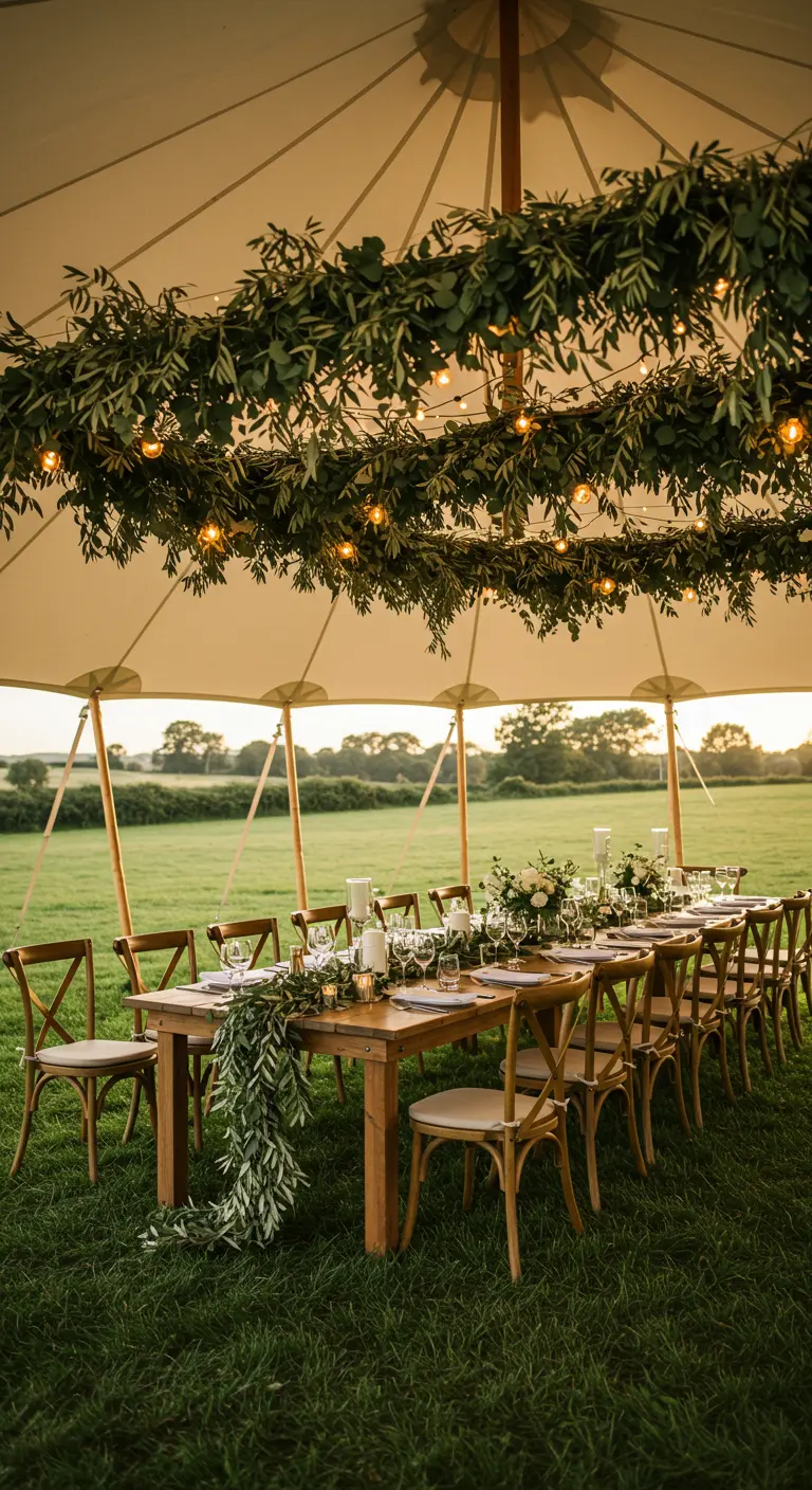 Eucalyptus garland and globe lights wrapped around a tent pole over a wooden dining table.