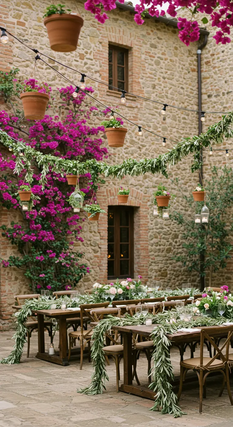 Outdoor dining area with garlands of greenery and hanging terracotta pots strung overhead.