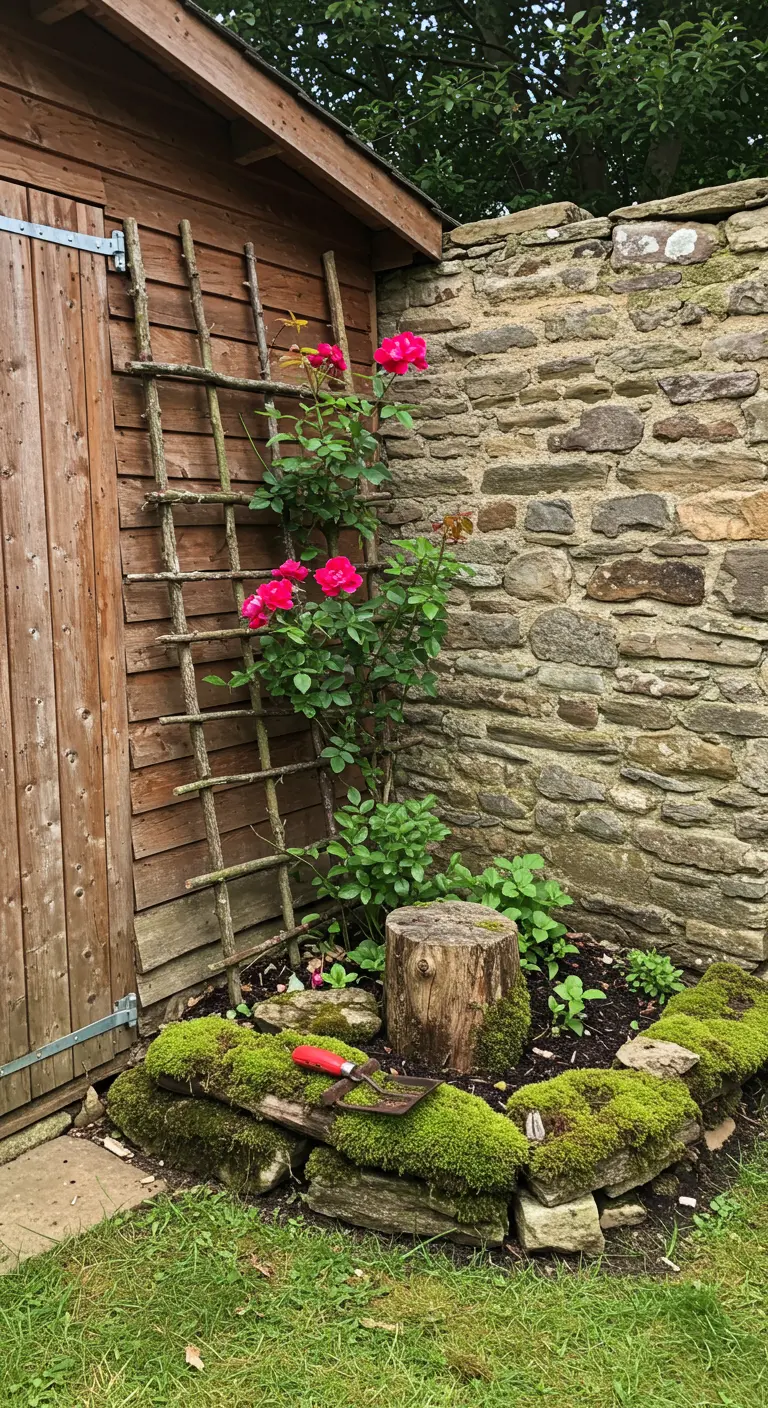 A rustic branch trellis with climbing red roses against a wooden shed and stone wall.