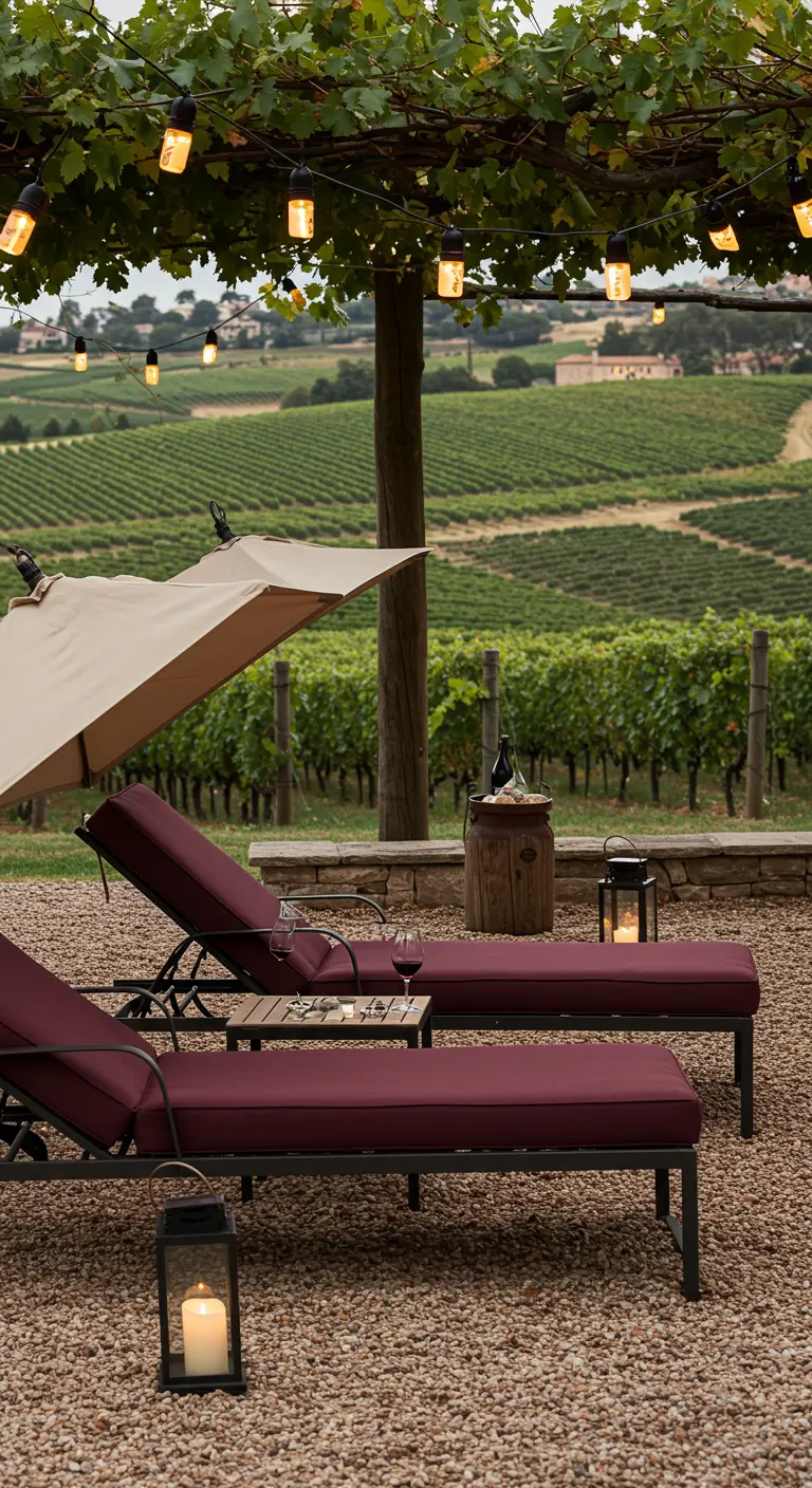 Sunbeds with burgundy cushions on a gravel patio overlooking a vineyard, with a lantern.
