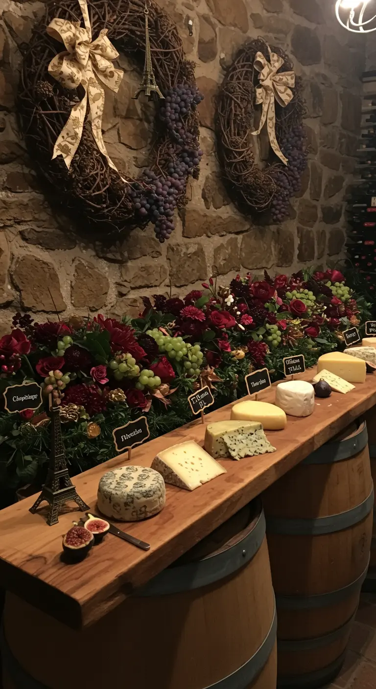 A lavish cheese board on a wooden plank, decorated with flowers, grapes, and mini Eiffel Towers